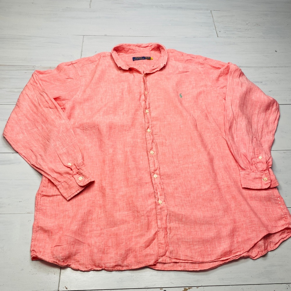 Polo Ralph Lauren Linen Shirt Men 2XLT Coral Pink Long Sleeve Pony Logo Big Tall